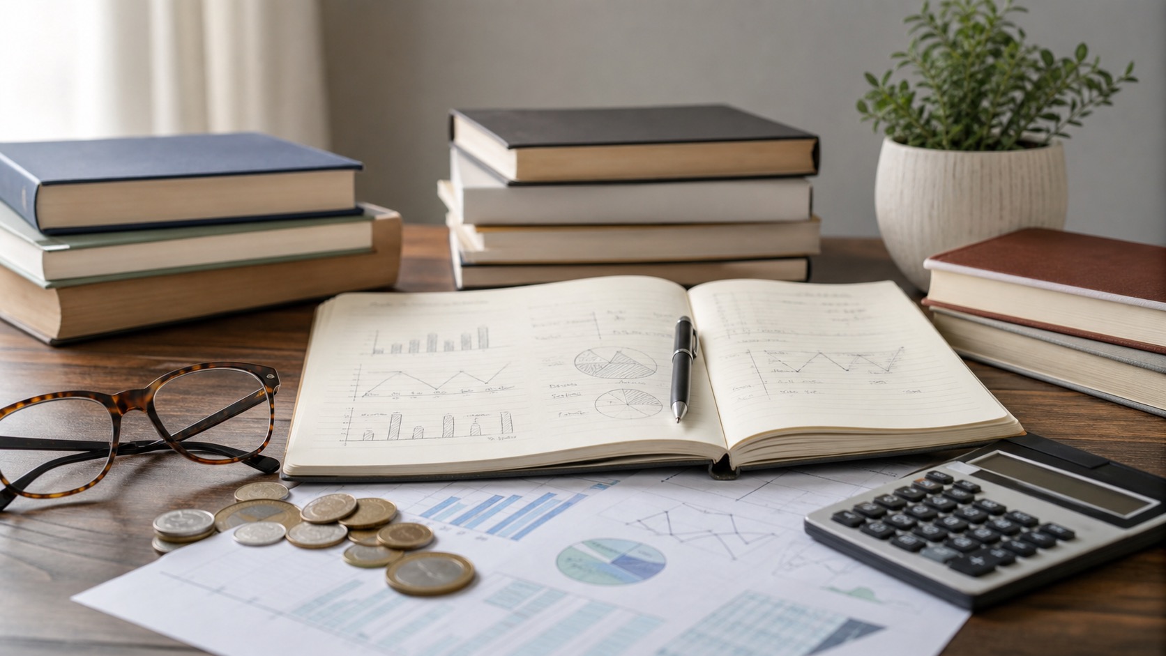 Mesa de leitura com livros genéricos, caderno de anotações financeiras, calculadora e moedas, representando educação financeira.